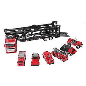 32cm Car Carrier Truck Toy for Boys with 6 Small Pull Back Fire Trucks Separable Collectible Gift Set lfx