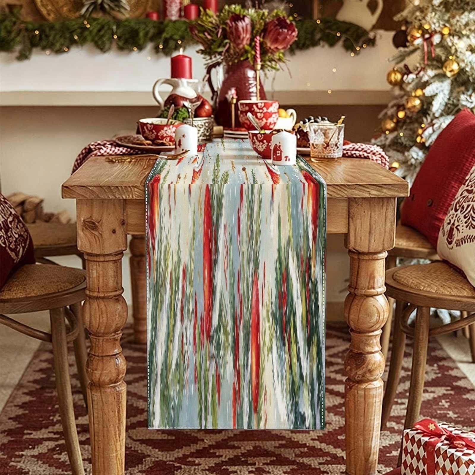 Abstract Festive Brushstroke Table Runner  Red Green Painterly Holiday Table Decor