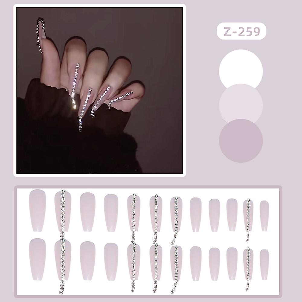 4pcs Glossy Pink False Nails With Design Tassels Diamond