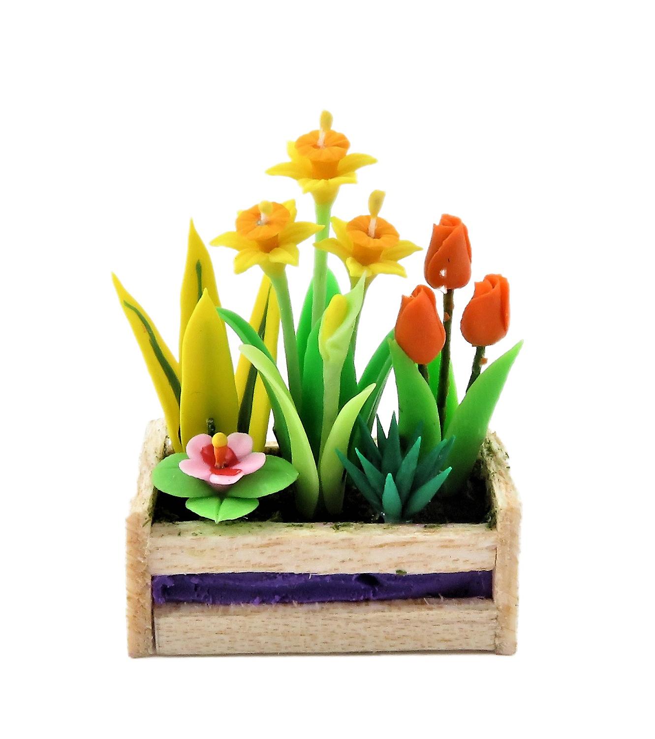 Dolls House Spring Flowers In Box Planter Daffs Tulips 1:12 Garden Accessory