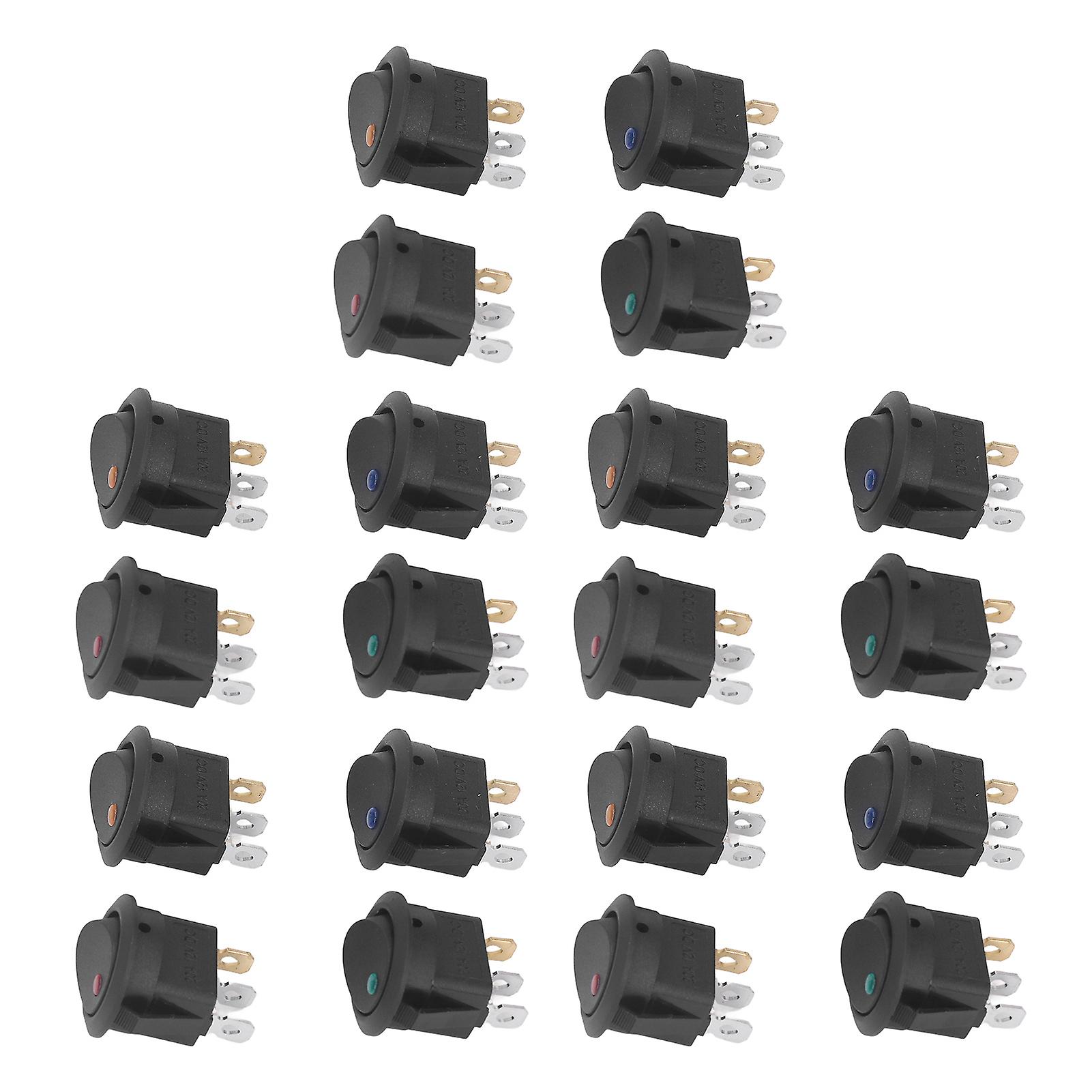 20pcs 12V LED Round Rocker Switch 3 Pin 2 Position SPST Blue Green Yellow Red KCD1