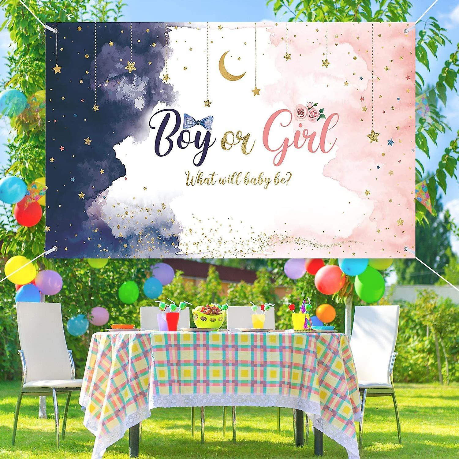 Gender U200bReveal Backdrop Boy Or Girl Baby Reveal Decorations,Blue Or Pink Backdrops Boy Or Girl Banner Sign Background For He Or She Gender Reveal Surprise Shower Party Photo Booth Props