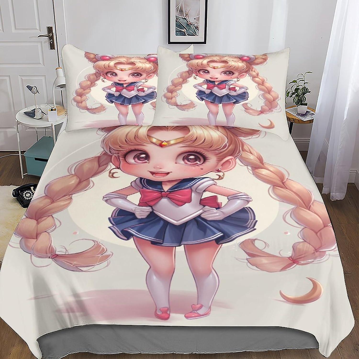 DSJackson Cute Sailor Moon Chic Comforter Cover Set with Hidden Zipper Closure - Stylish Microfiber Cartoon Bedding with 3D Print, 3-Piece Set with Pi