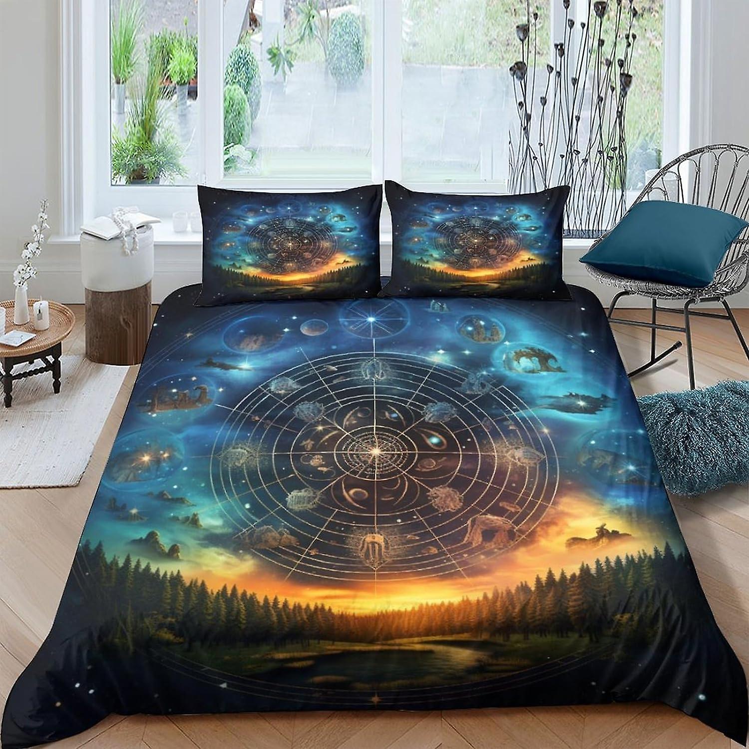 VCLUST Astrolabe 3D Digital Print Bedding Sets with Pillowcase Duvet Cover Ss Soft Microfiber 3 Piece Set Twelve Zodiac Signs Quilt Cover with Zipper