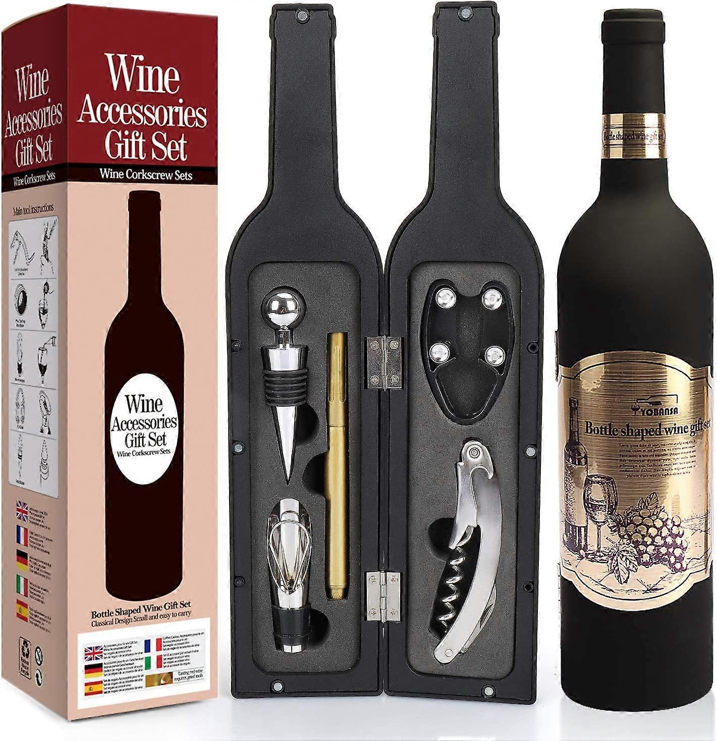 Wine Bottle Shaped Wine Accessories Set, Wine Opener Set Includes Wine Corkscrew, Wine Stopper, Wine Pourer (Bottle 04)