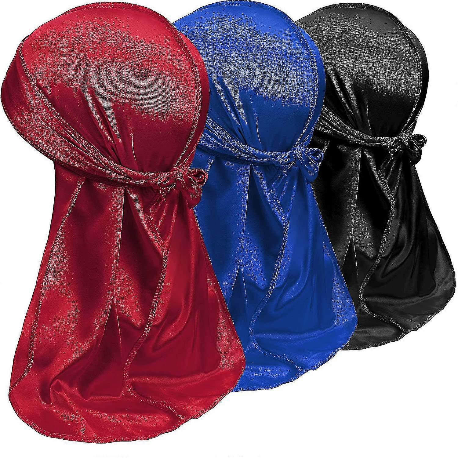3pcs Silky Durag Packs For Men, Doo Rags For 360 540 720 Waves, Adward 1 Wave Cap (red+blue+black))
