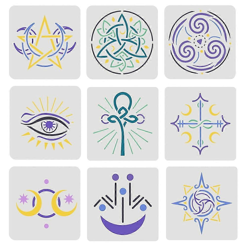 1Set Wiccan/Witch Symbols Stencils 15x15cm Stars Moon Stencil Plastic Devil's Eyes Stencil Moon Goddess Symbol Stencil Divination Theme Stencil