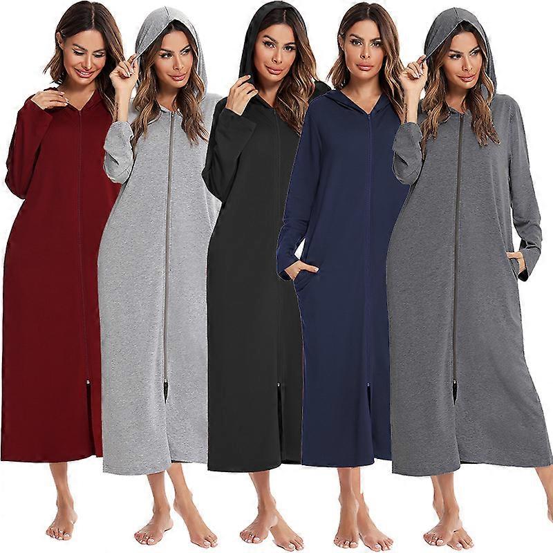 Mulheres longo manto com capuz roupão de banho zíper up Duster comprimento total sólido