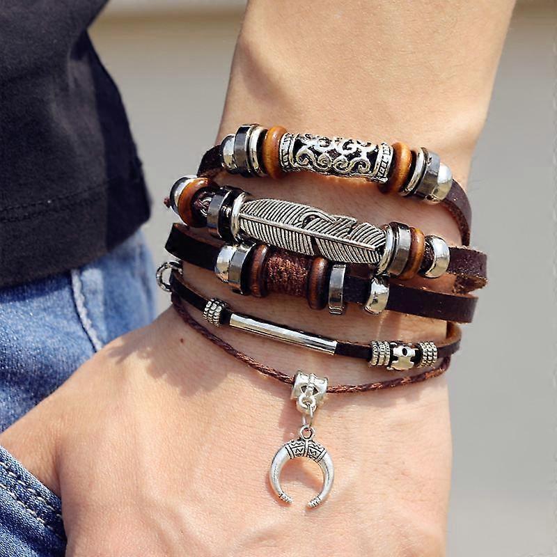 Simple Feather Moon Multilayer Punk Leather Bracelet Unisex