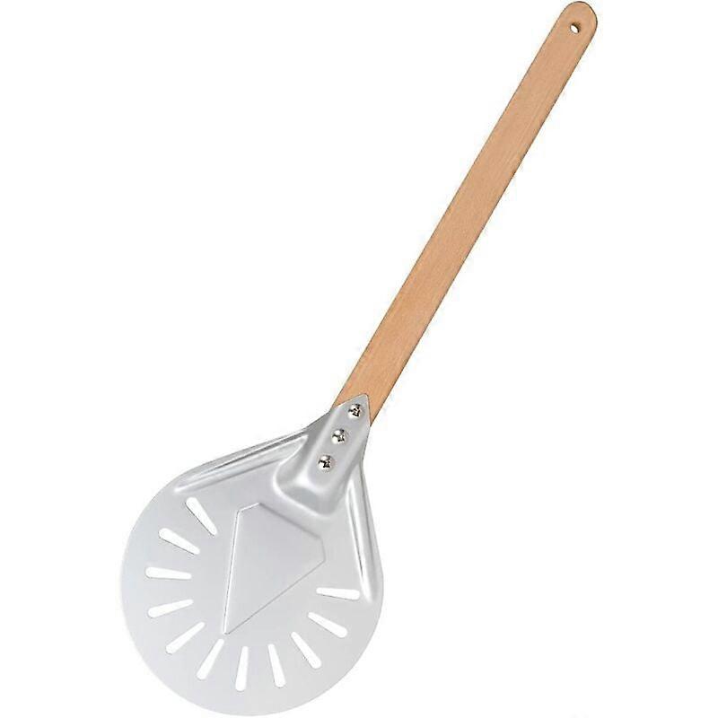 7 Inch Round Pizza Peel, Perforated Pizza Peel with Long Removable Wooden Handle, Made of Aluminum and Longziming Non-Slip Handle