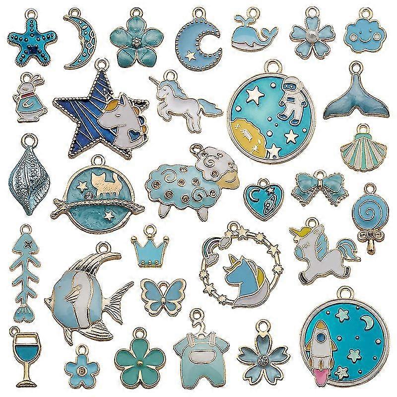 31 Pcs Assortiment Pendentifs émail plaqués bleus
