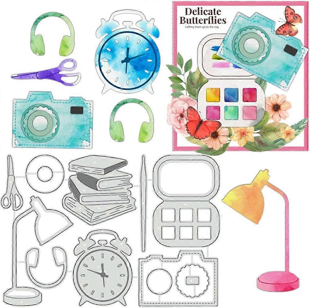 Daily Necessities Cutting Dies Embossed Template with Table Lamps Alarm Clocks Books Headphones Motif Pattern for DIY Scrapbooking Creations Photo Alb