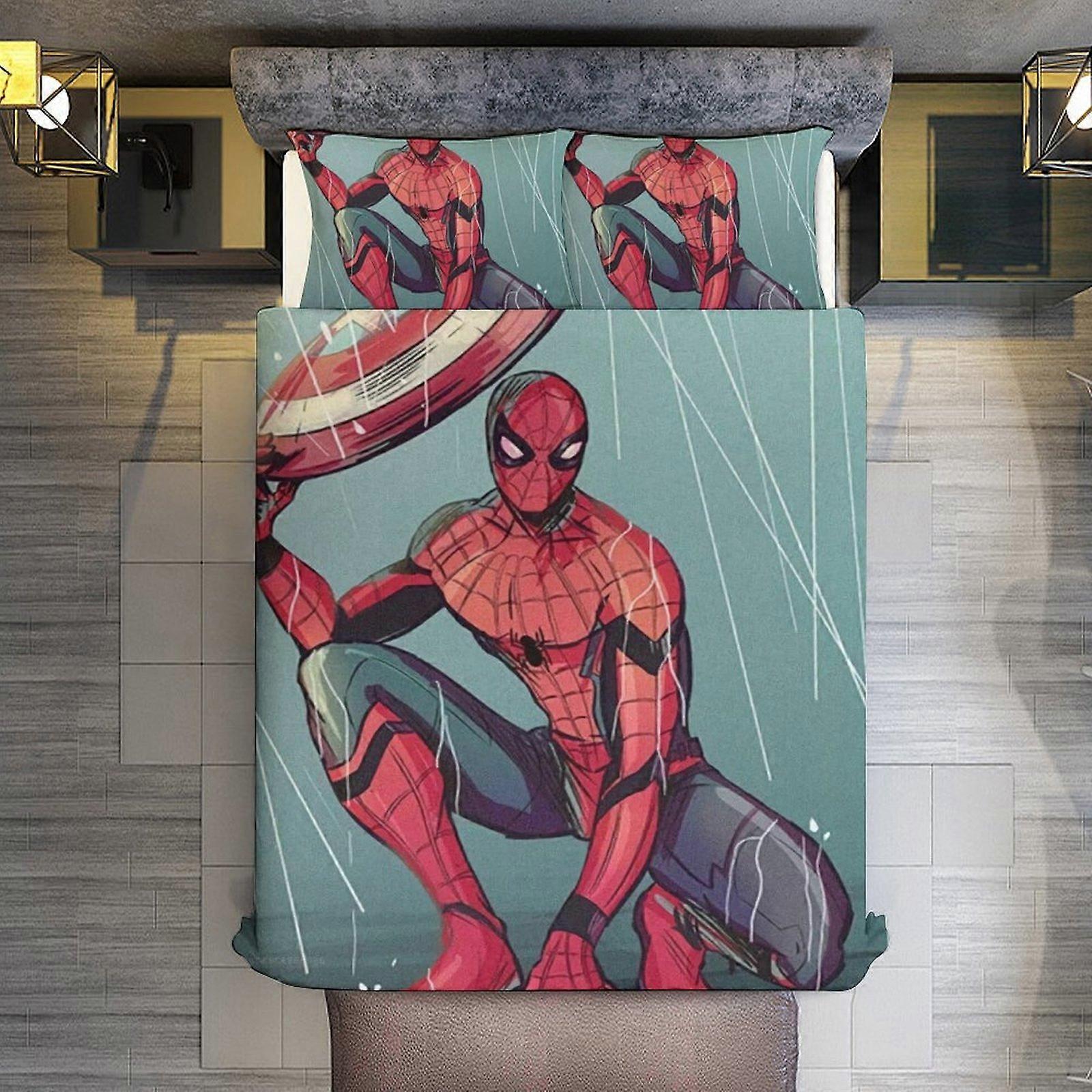v3192 침대 시트 침구 3피스 세트, 스파이더맨 비막이 이불 세트 (어린이, 소년, 청소년, 남성용) 3D 경량 마이크로파이버 침구