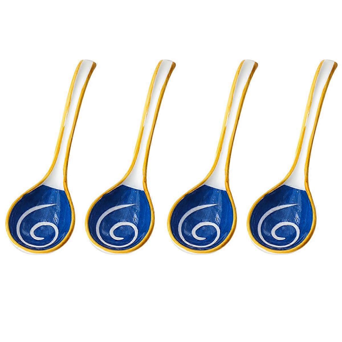 4pcs ceramic soup spoon ramen extended handle small spoon curved spoon tableware