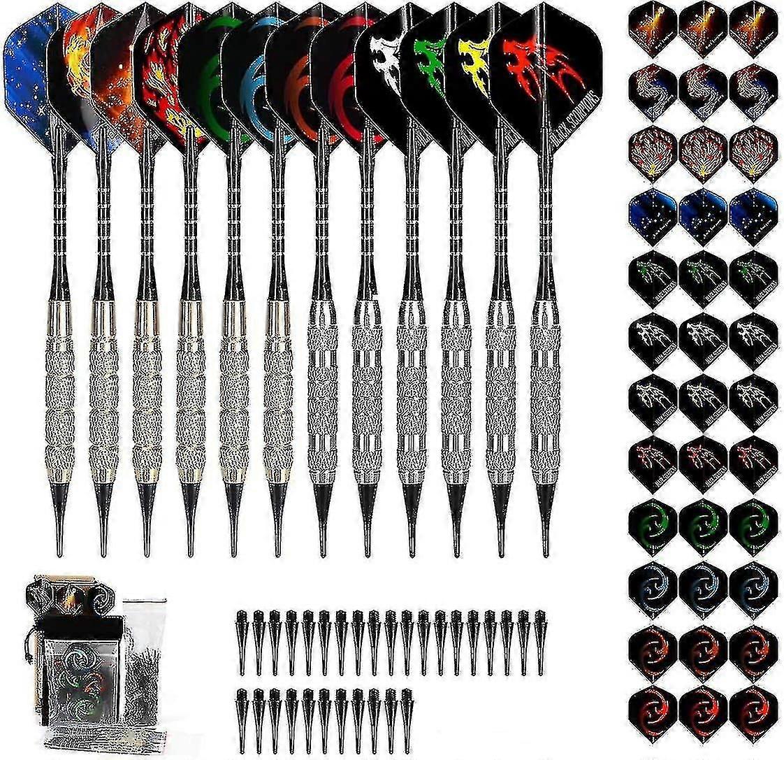 Plastic Tip Dart, 18g Soft Tip Dart Set For Electronic Dartboard, 12 Darts With 36 Flights And 100 Tips, 20 Rubber O-rings