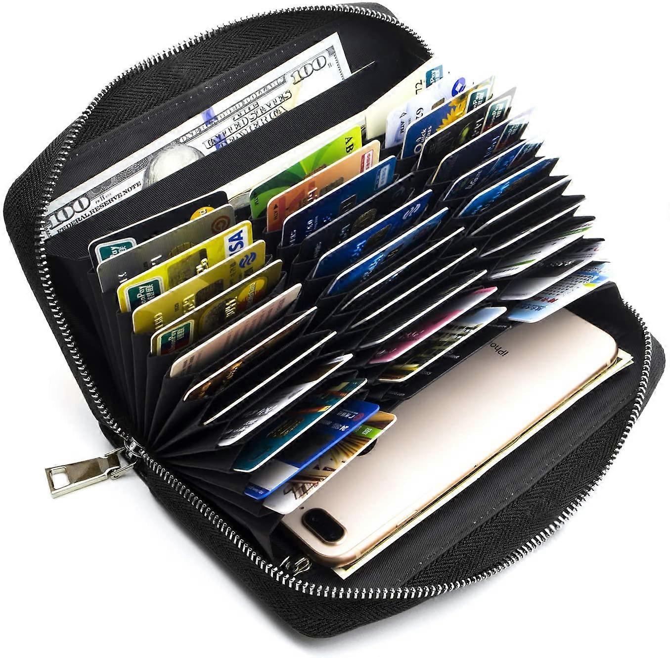 Women's Wallet Genuine Leather Men's Wallets RFID Blocking Card Large Capacity Checkbook Holder Coins Black & Silver Chain