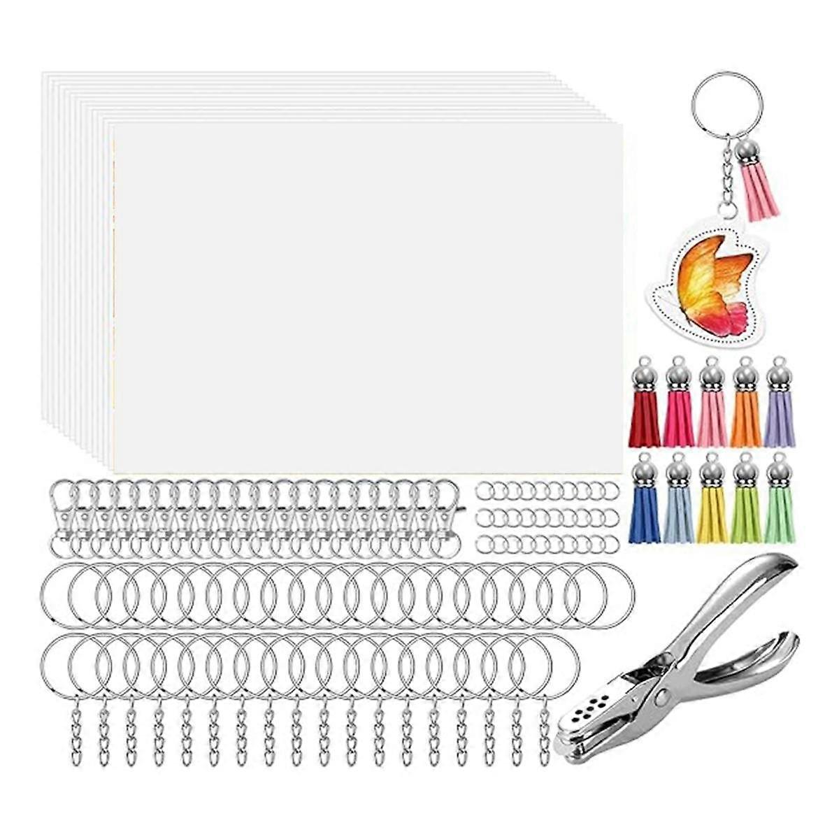 161 Shrinky Sheets Key Chain Set, Key Ring with Chain, Jump Ring, Hole Punch for Kids, Translucent