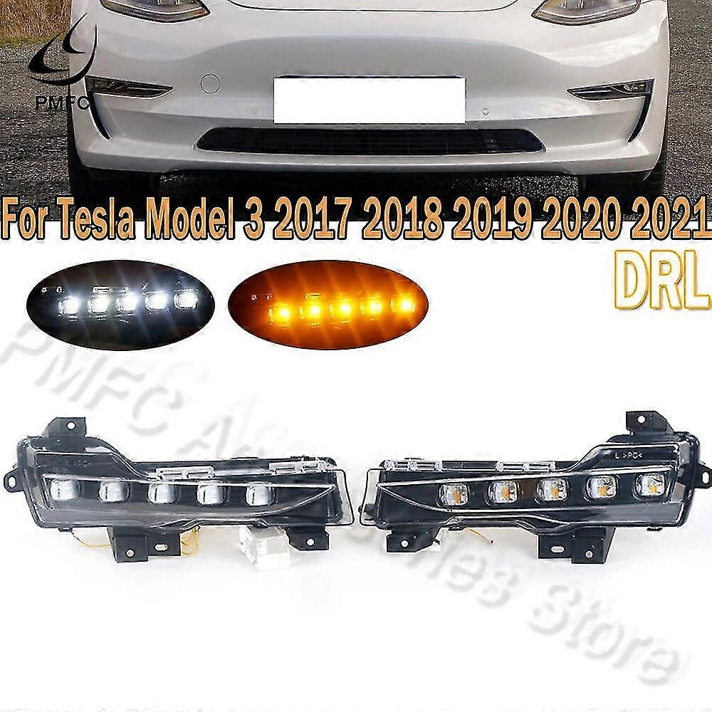 1 Pair For Tesla Model 3 2017 2018-2022 DRL Daytime Running Lights LED Daylight Fog Lamp Turn Signal Light White Yellow