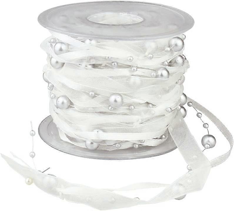 3 Strings Beaded Ribbon, Pearl String, Satin Ribbon and Organza Ribbon, 33 Feet, Silver