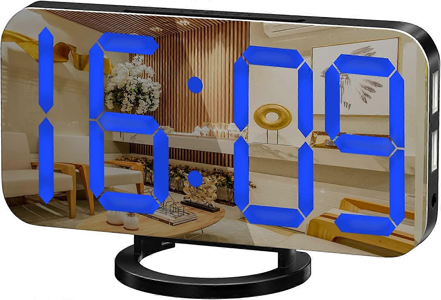 Sveglia digitale, ampio display a LED a specchio, con caricatore USB -Nero-blu