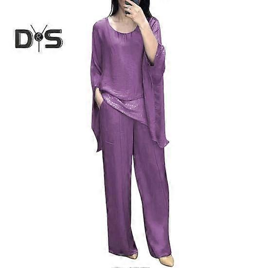 Women's Casual Suit Splicing Top Wide Leg Pants Loose Outfit for Home Party Office Round Neck Batwing Sleeve Commuting Suit