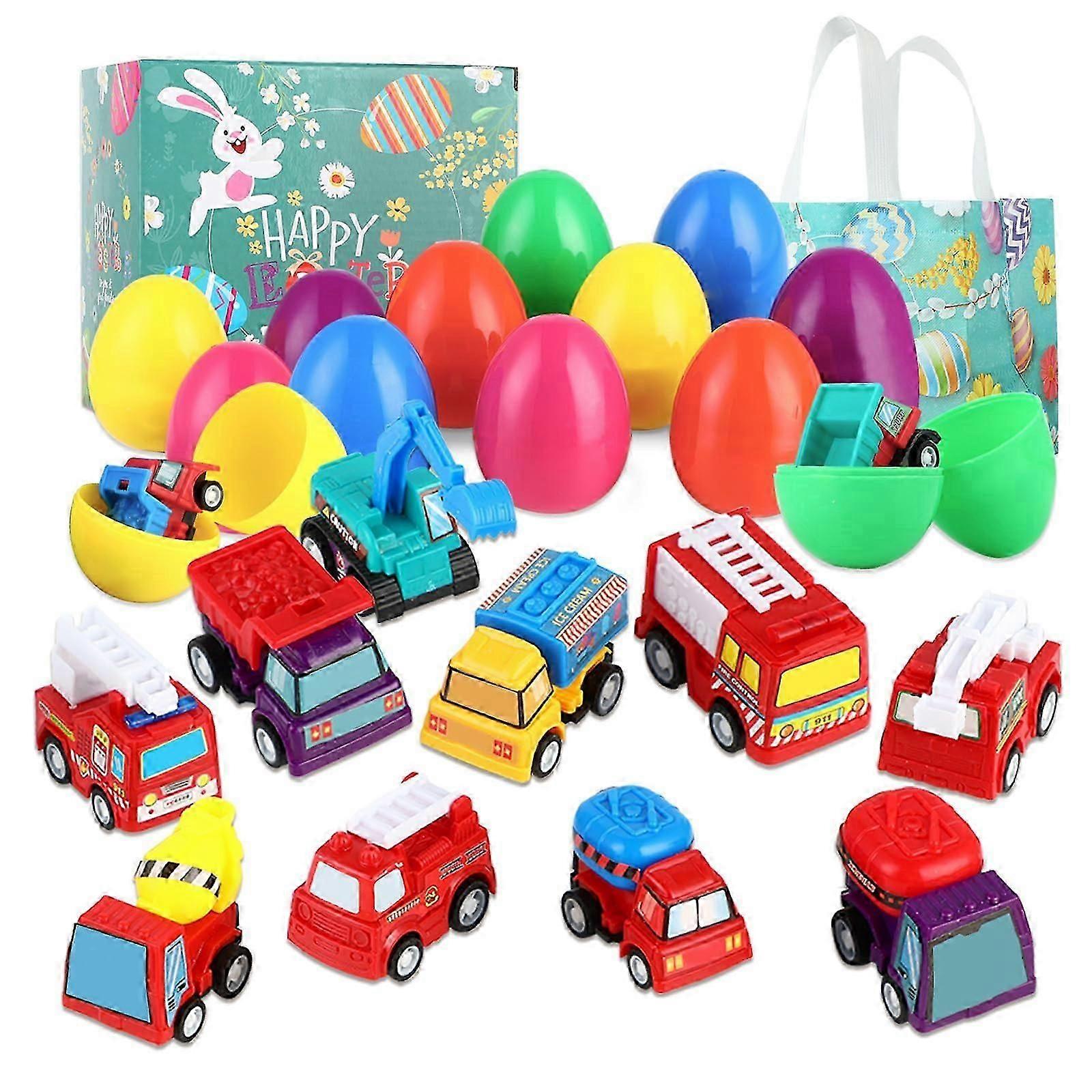 Easter-Egg with Toys Inside, 12 Pack Plastic Prefilled Easter-Egg Fillers Pull-Back Engineering Vehicles, Easter Basket Stuffers for Filled Easter-Egg