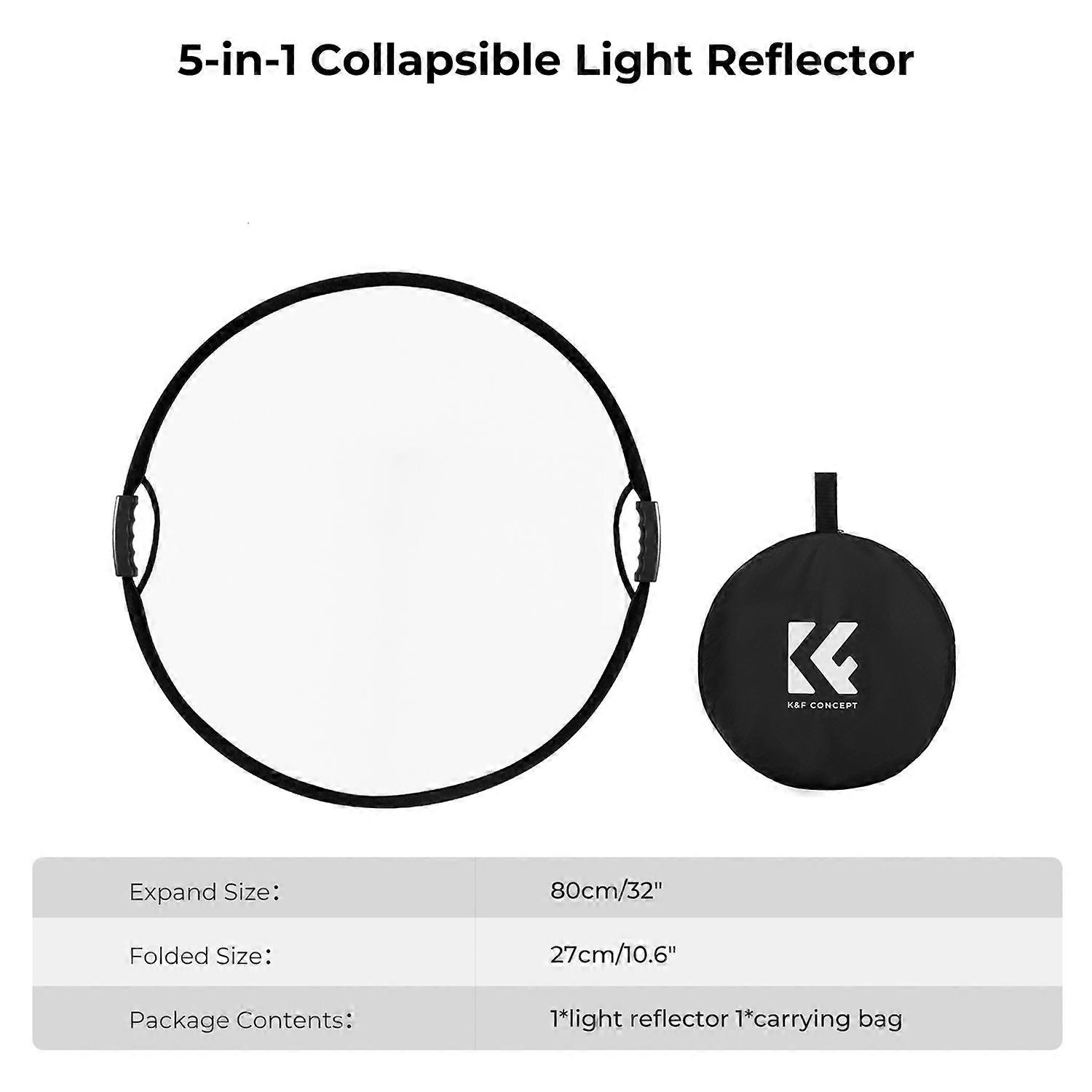 K&F CONCEPT 80cm/32in Photography Collapsible Light Reflector 5-in-1(Translucent, Silver, Gold, Whit