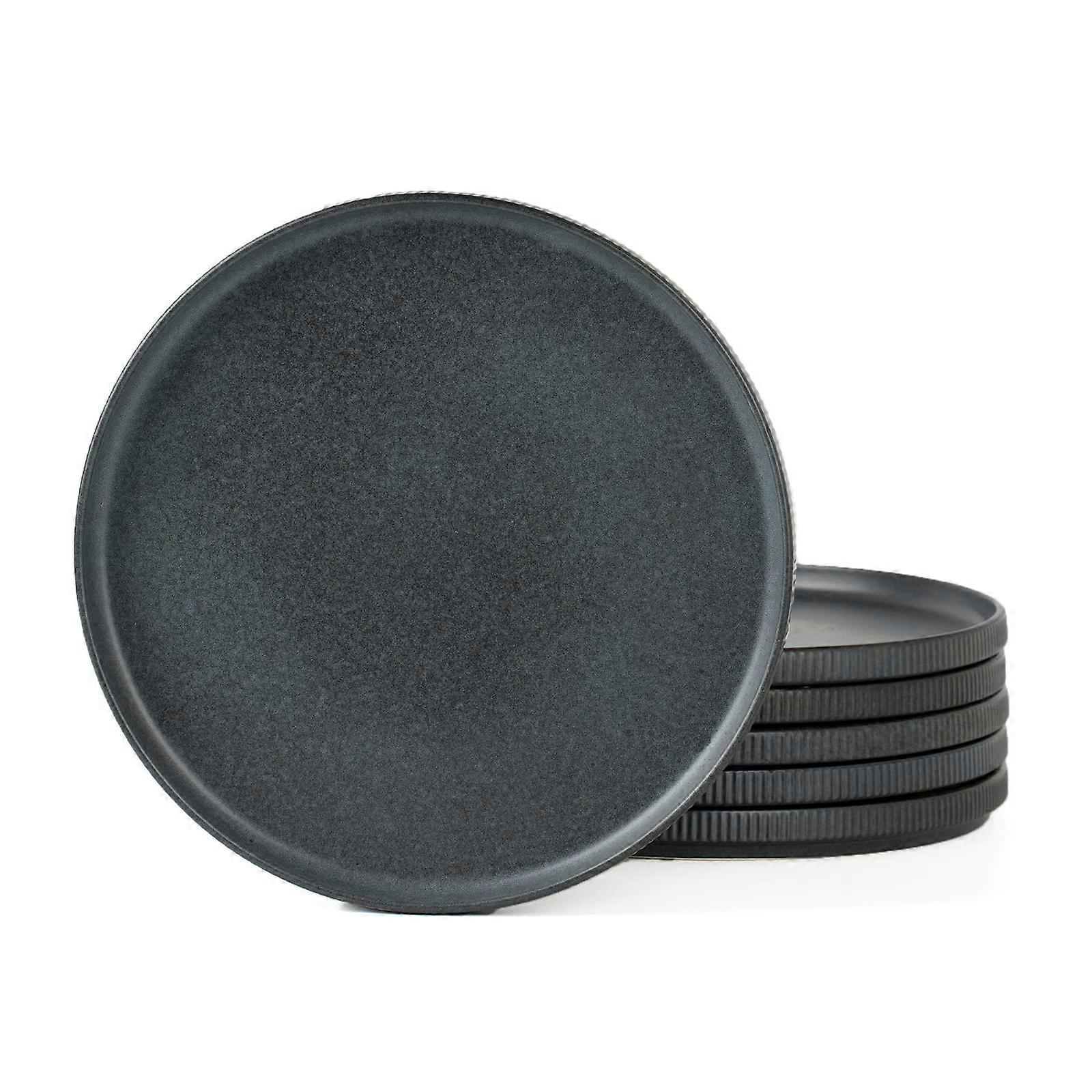 Star Salad Plates Set for 6, 8 Inch Stoneware Dinnerware, Dark Charcoal Matte Small Plates for Salad Dessert Appetizer