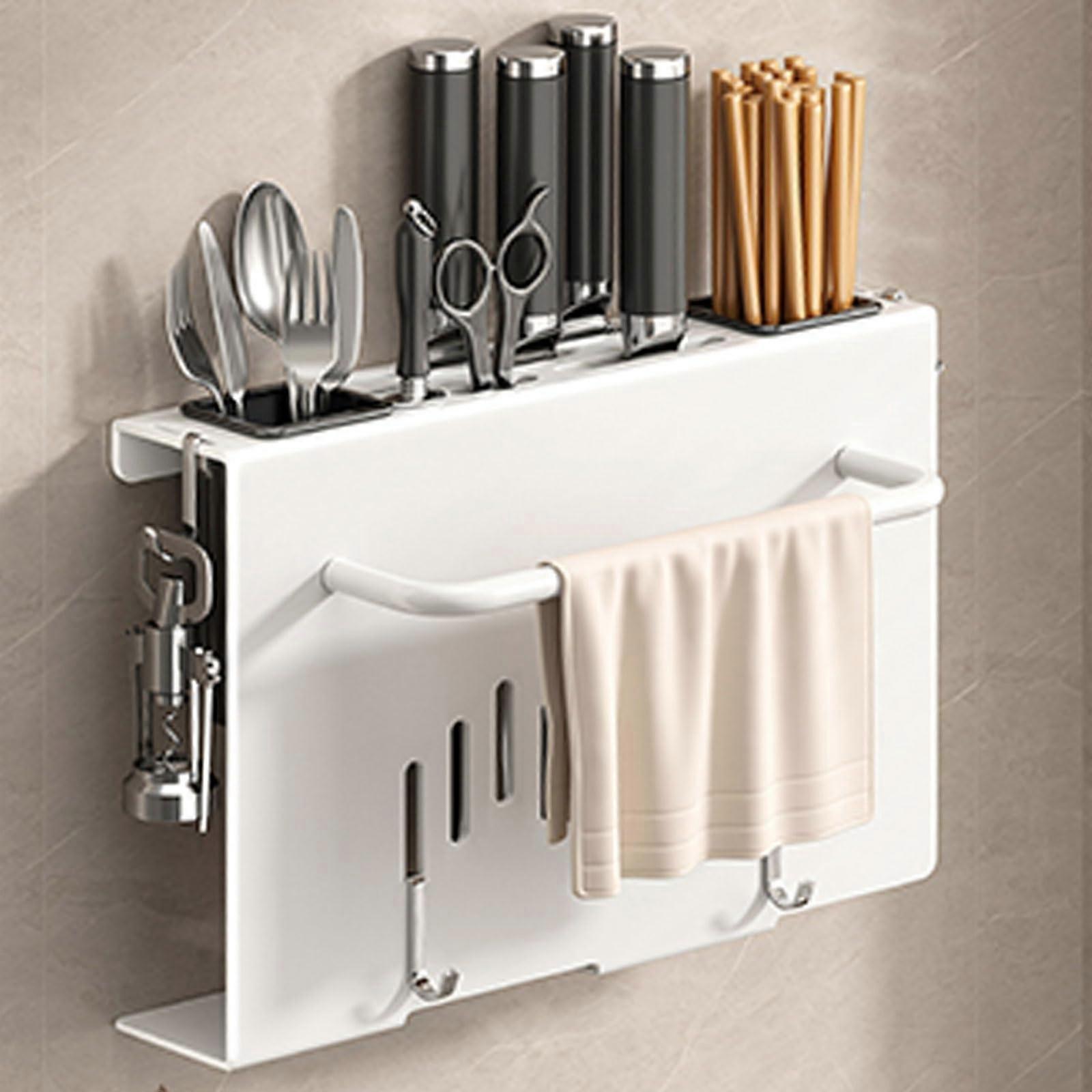 Wall Mount Utensil Holder,Kitchen Utensil Rack, Multi-use Hanging Storage Organizer Rack with Chopping Board Holder