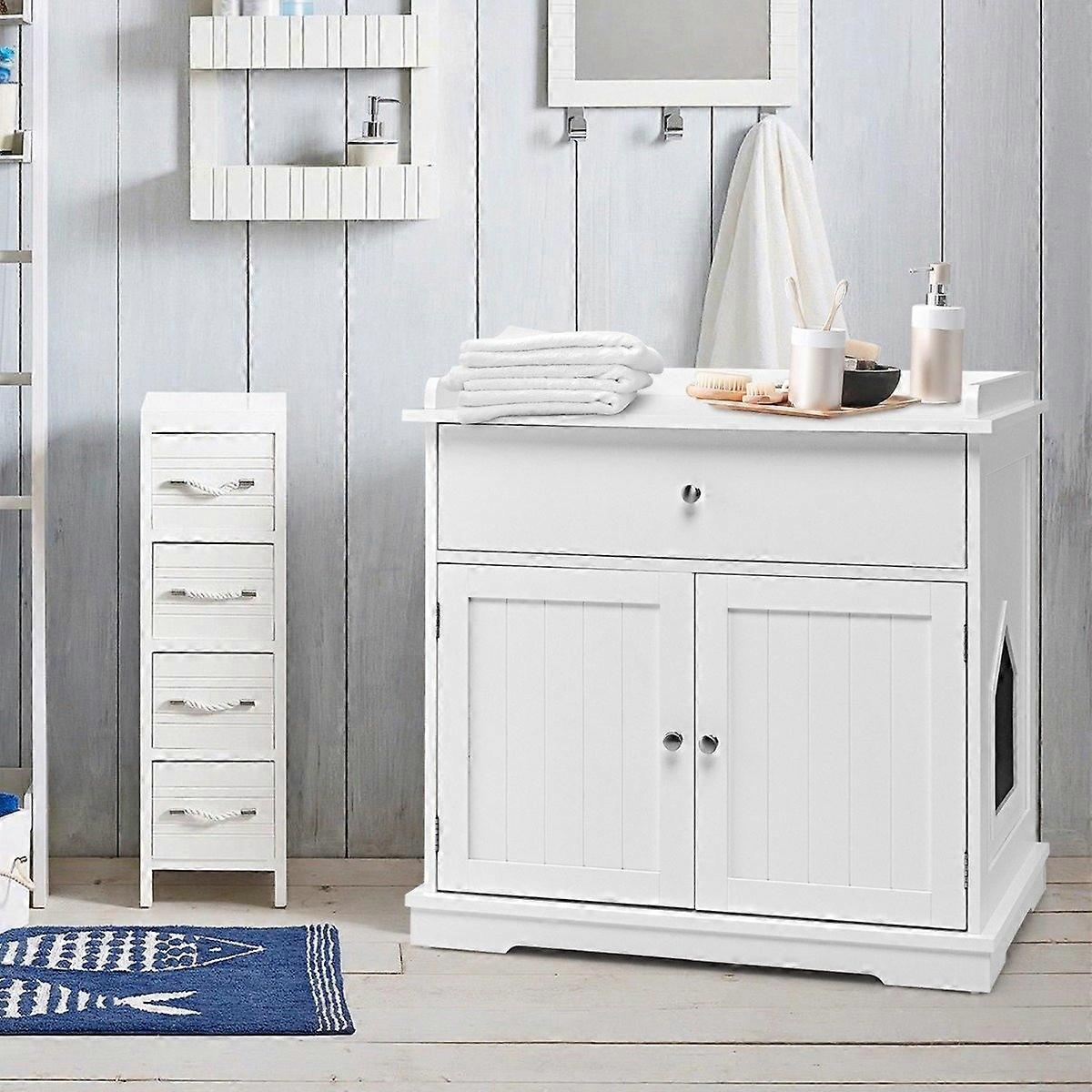 Modern decorative side table for cat litter with drawer and 2 doors for indoor use White