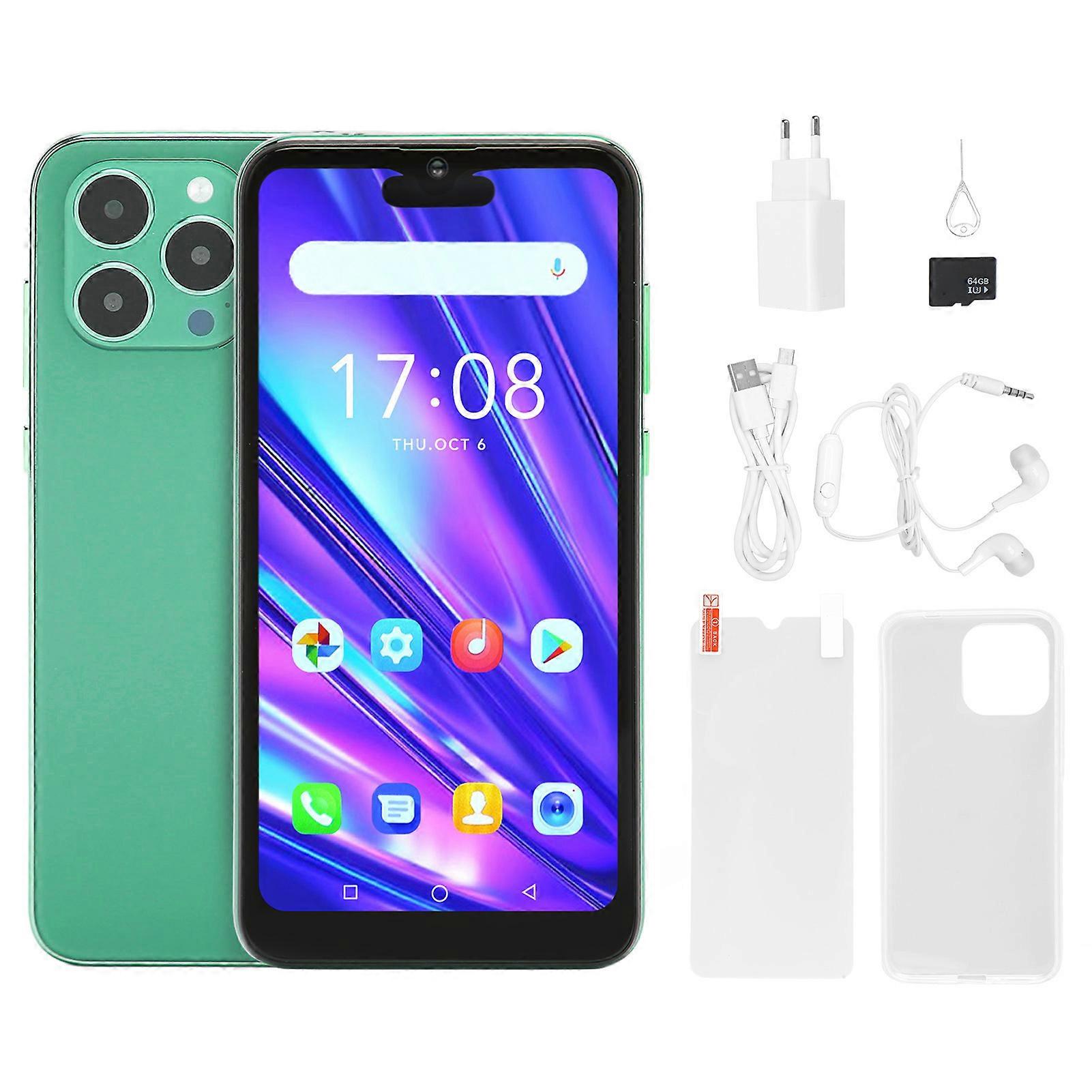 I14 Pro Max Smartphone for Android 8.1 6.1in 4GB RAM 32GB ROM MTK6580A Cell Phone Front 5MP Rear 8MP with 64G Memory Expansion Card Green