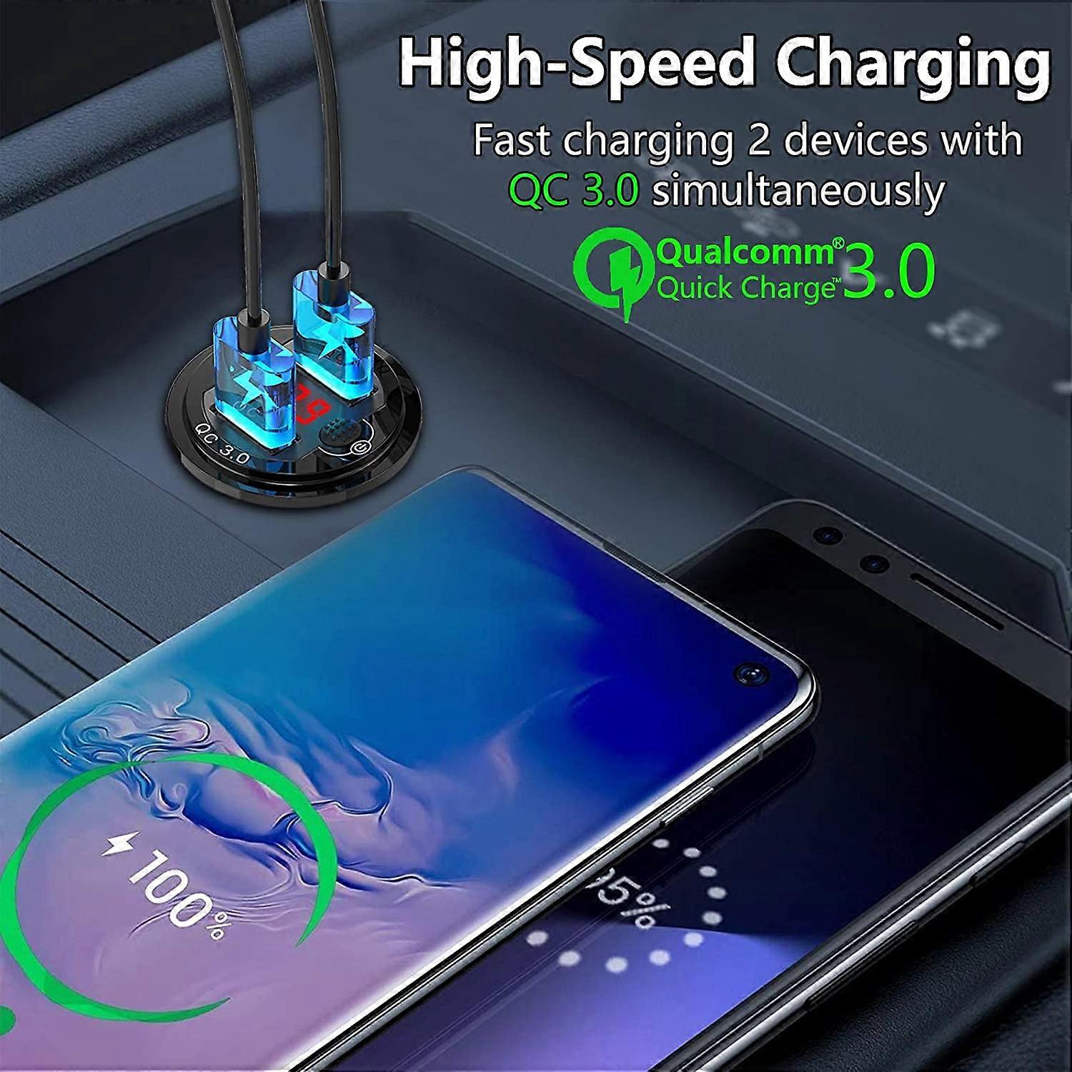 Quick Charge 3.0 Dual 12V USB Car Charger, Aluminum Socket with Switch Button and Red Digital Voltme