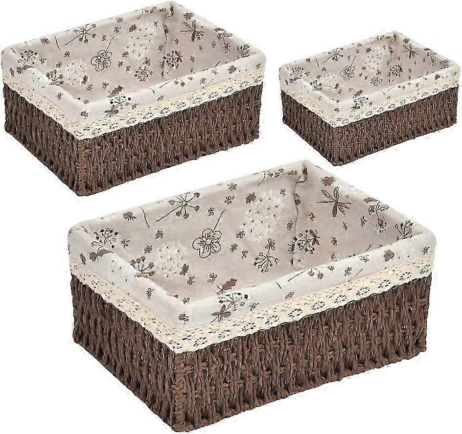 Woven Storage Set - Decorative Rectangles with Inner Bag Paper Rope Storage Box (Brown)