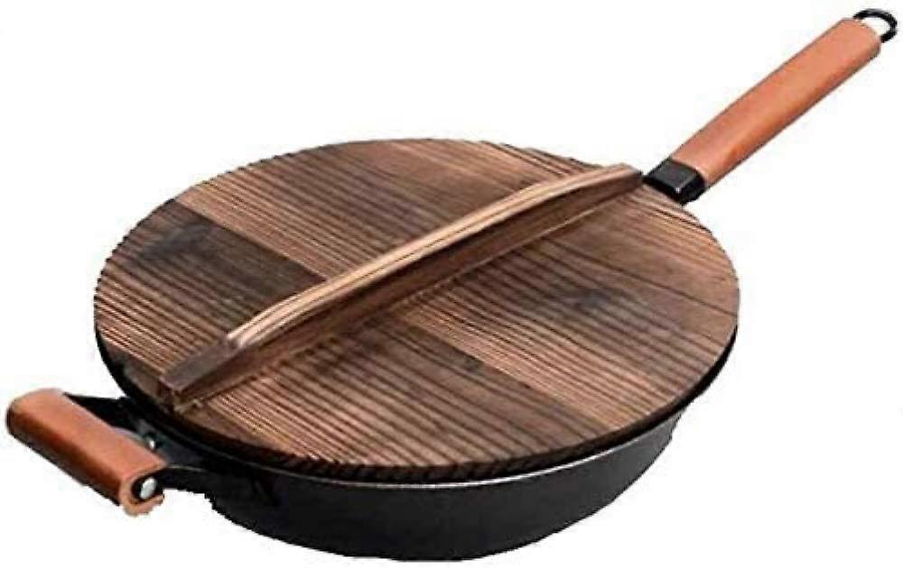 Wok with Lid, Uncoated Cast Iron Wok with Wooden Handle and Lid, Preseasoned Frying Pan