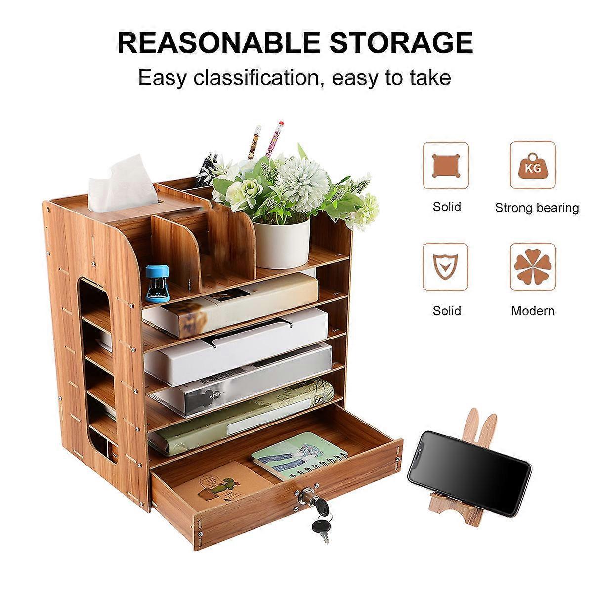 Home Storage Supplies Desktop Storage Organizer File Storage Shelf Multi Layer Storage Box Cherry Wood 1Pack