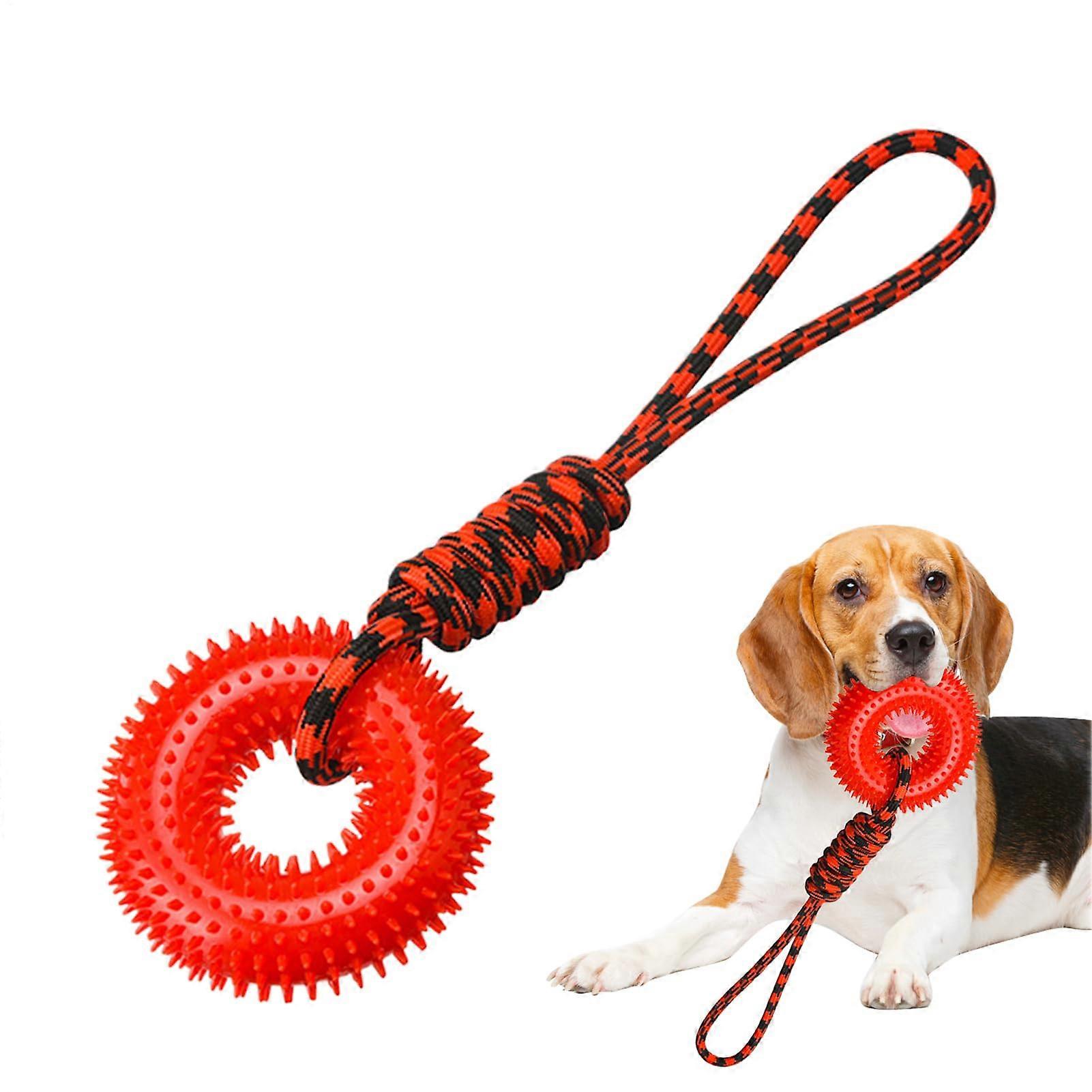 Squeaky Dog Toy Spiked Ring Chew With Rope For Puppy Teething, Interactive Play, Outdoor Indoor Red