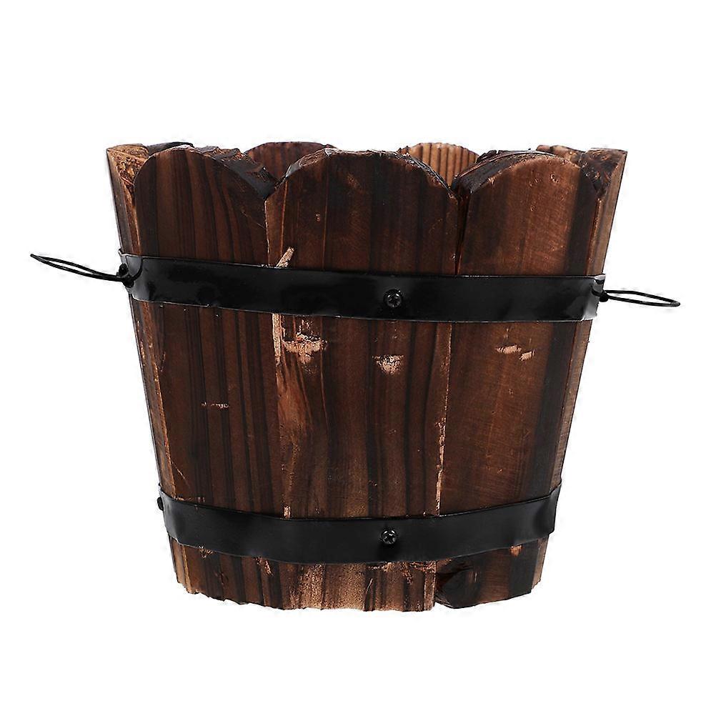 ハンドル付きレトロな木製バレルプランターポット – 多肉植物や花用の再利用可能なビンテージガーデン植木鉢 – バルコニー、オフィス、家庭に最適