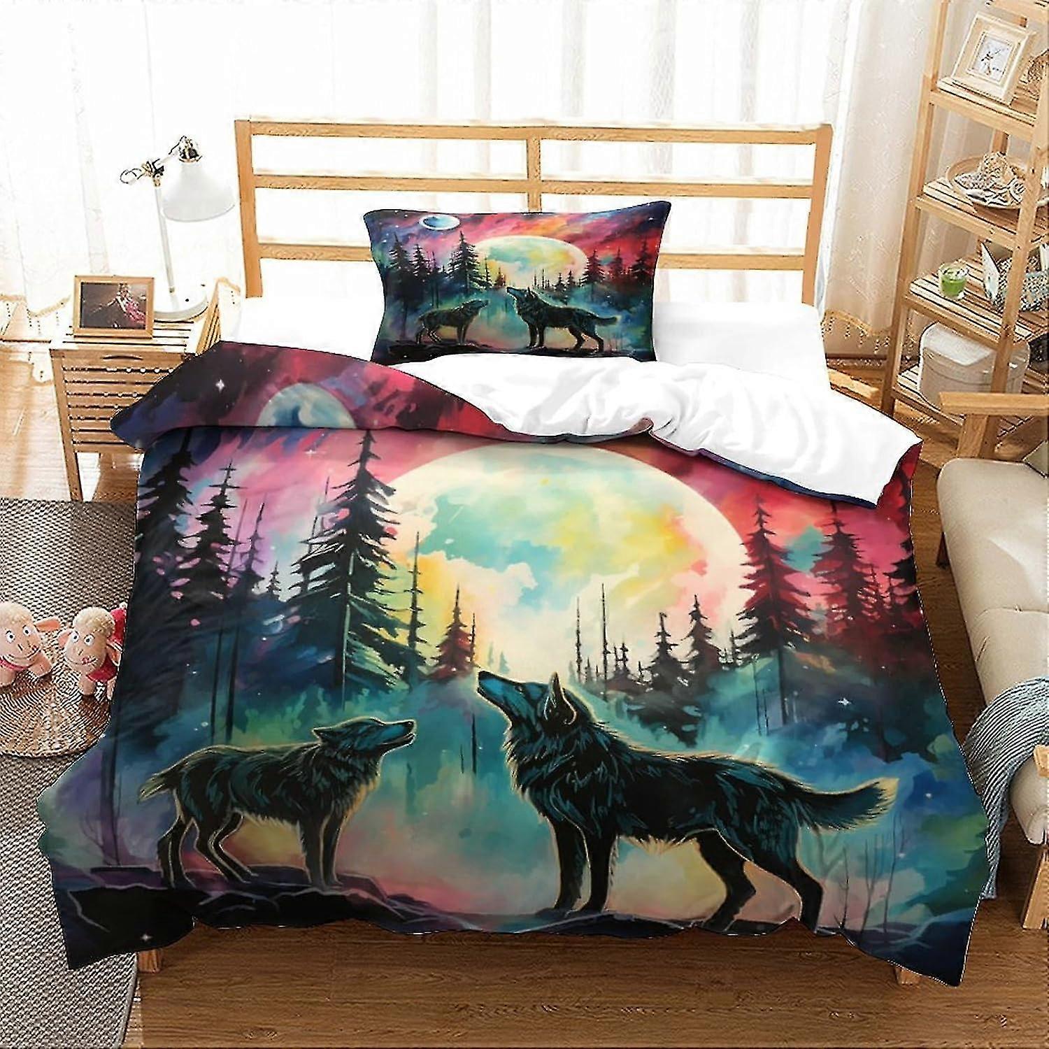 Wolf Pack Sängkläder Påslakan Set Full Moon Tryckt Täcke Ultra Soft Microfiber för barn Tonåringar Vuxna