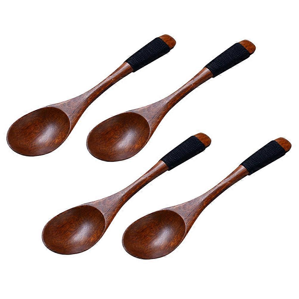 Wooden Soup Spoons Set of 4 for Kitchen Use Dark Brown Natural Color Elegant Design 7.5 inches
