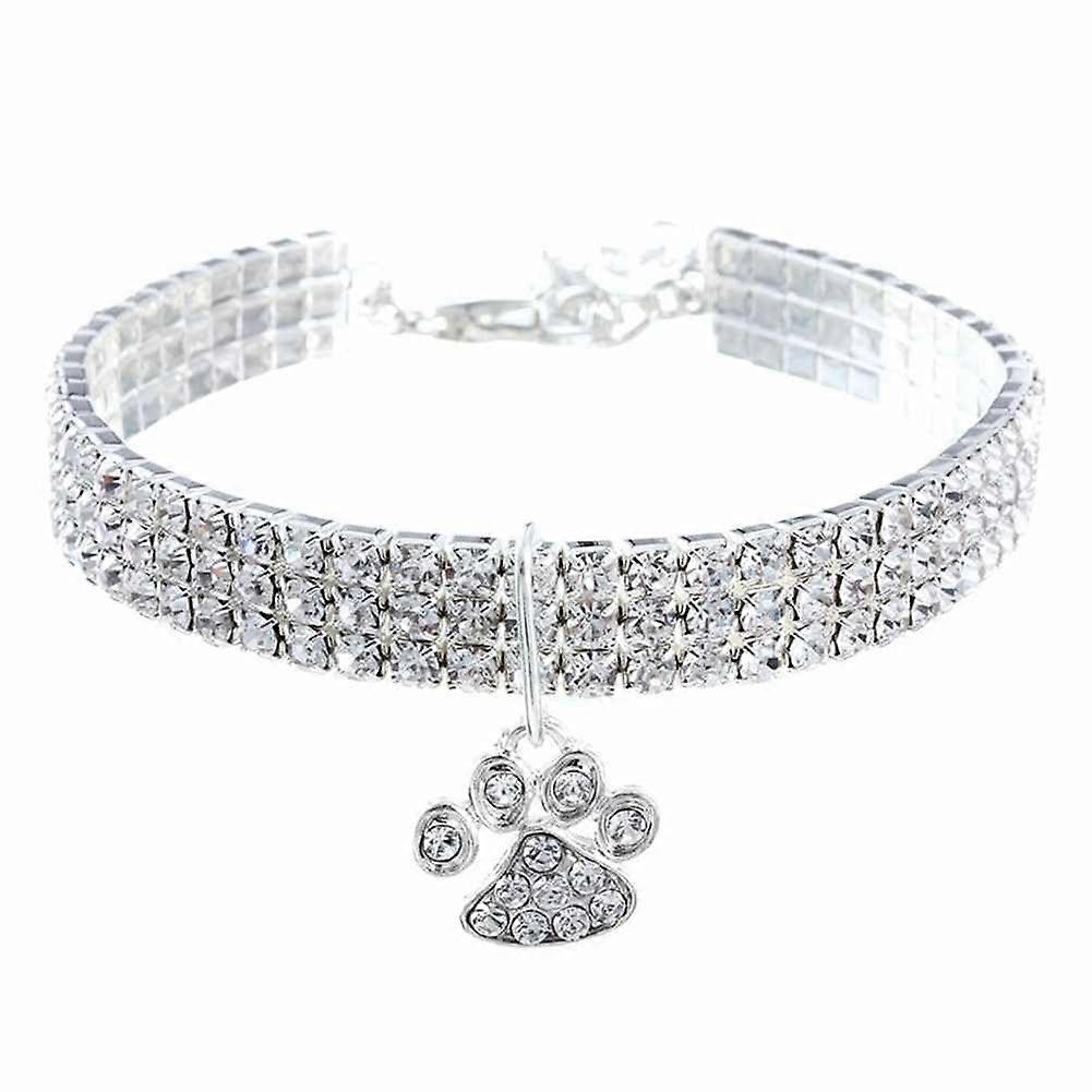 Pet Collar with Diamonds Crystal Adjustable Dog Cat Collar Paw Print Pendant