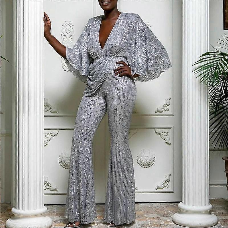 Summer Women's Sequins Deep V Backless Long Jumpsuit