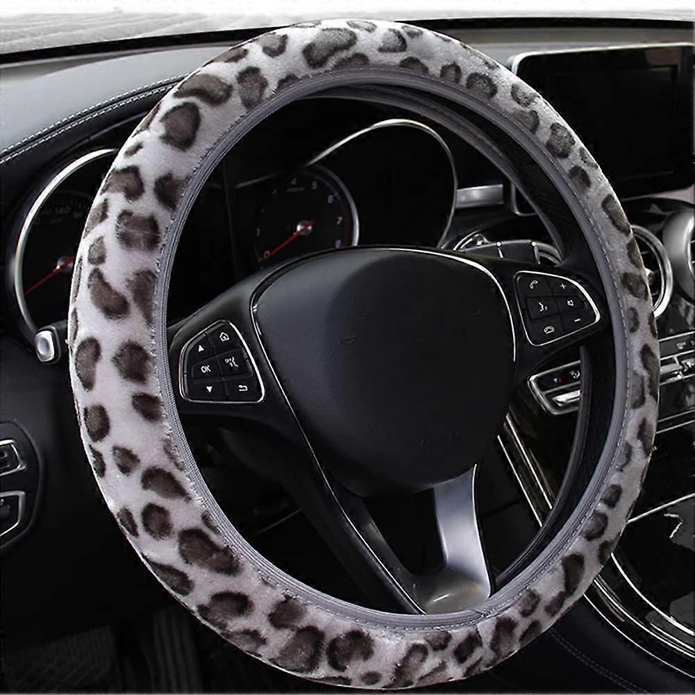 Leopard Print Plush Steering Wheel Cover, Soft Non-Slip Elastic Protector, Universal Fit 14-15.5 Inch Gray