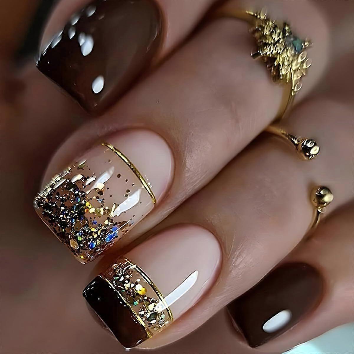 24 Pcs Winter Dark Brown Press on Nails Short Square - Spring Sequins Glitter
