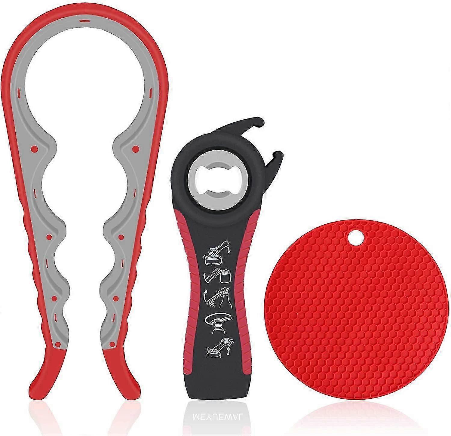Jar Opener- Pad Rubber Jar Can Lid Opener, 5 in 1 Multi Function Can Opener Bottle Opener Kit with Silicone Handle Easy to Use for Children, Eld