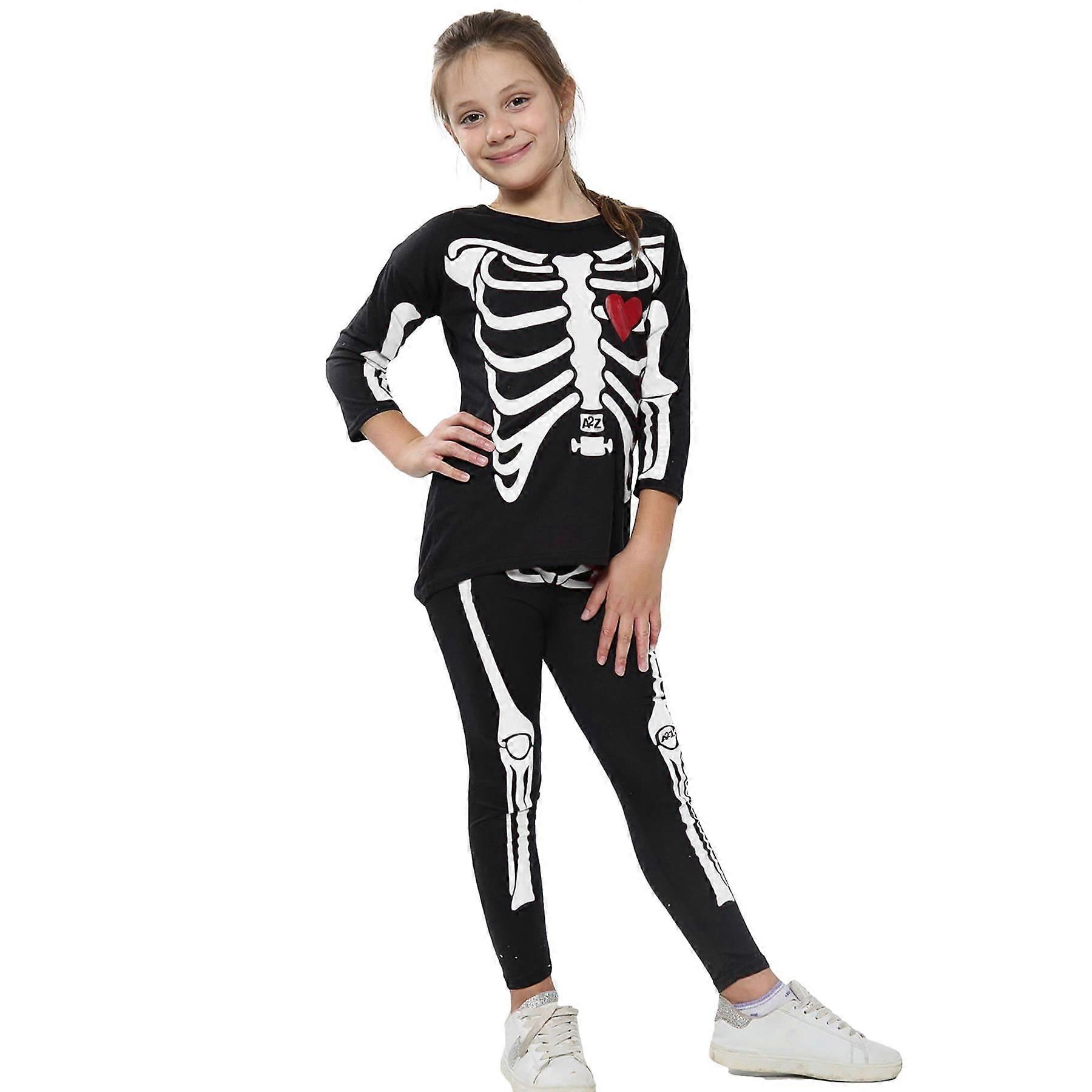 Girls Skeleton Print T Shirt Top & Legging White Halloween Costume Set