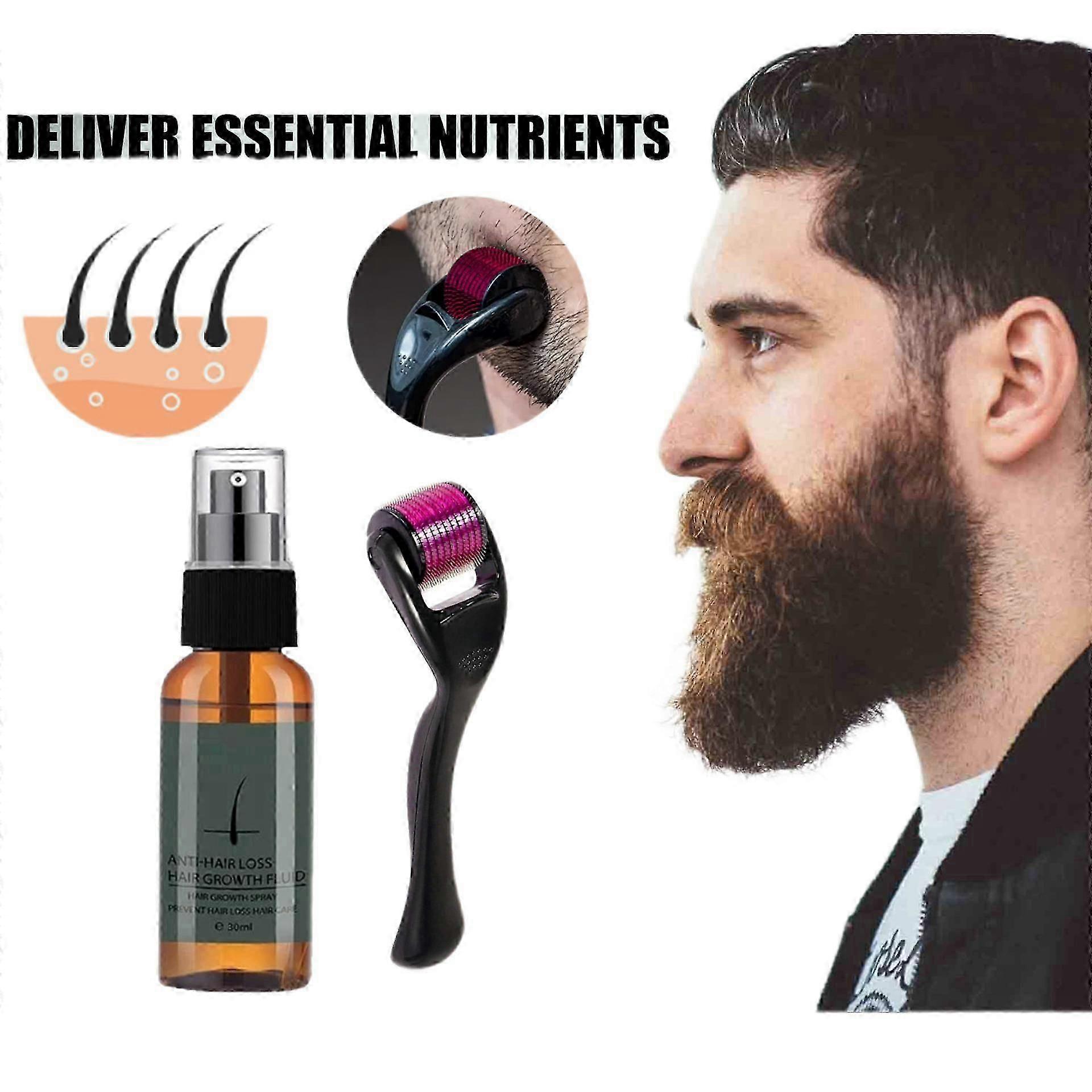 סט תרסיס לצמיחת זקן לגברים סרום טיפוח נגד נשירת שיער מזין לגברים משפר צמיחת שפם סרום נגד נשירת שיער עם ערכת רולר לזקן