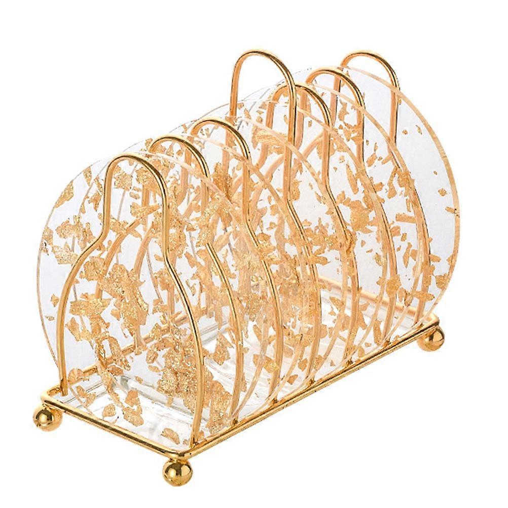 Acrylic Coasters With Holder For Home Decoration Round Shape Heat Insulation 2 Sets Golden