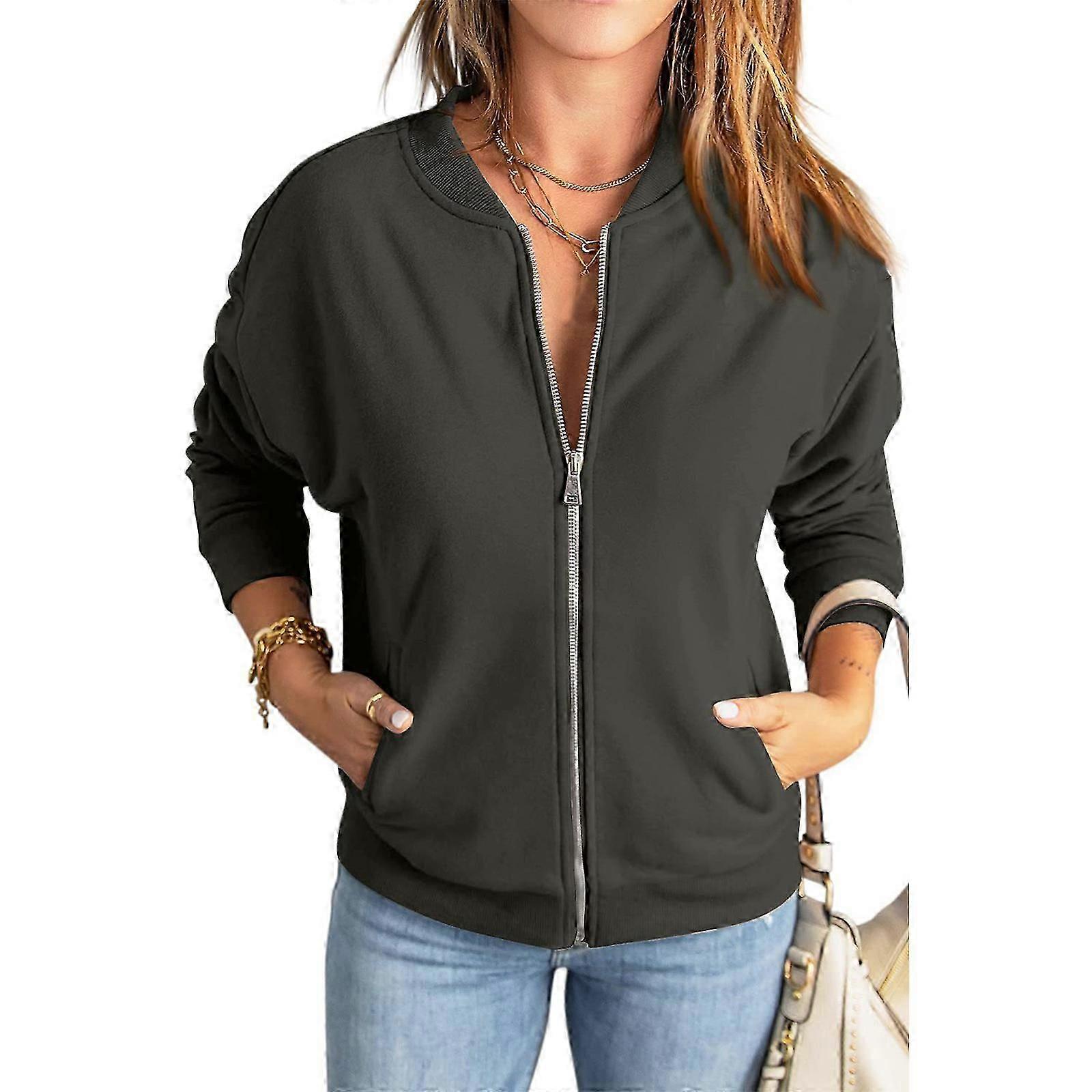 Leichte Bomberjacken mit langen Ärmeln und Reißverschluss für Damen, lässig, lockere Baseballjacke, Mantel, Oberbekleidung mit Taschen, Grün, XL