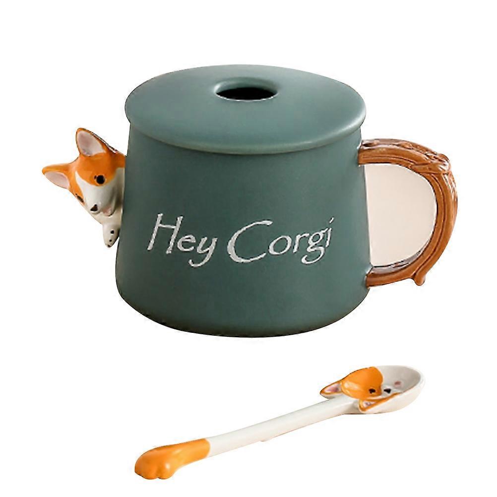 Ceramic Corgi Cup with Cover Spoon for Storage Use 3Pcs Set