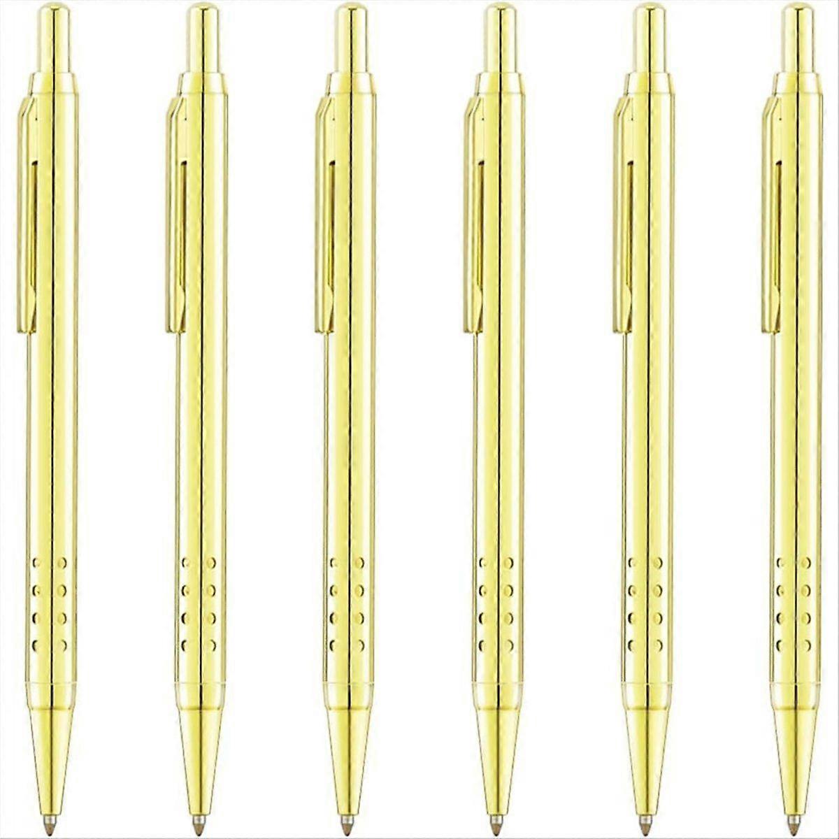 6 Pack Gold Click Ballpoint Pens - Black Ink Medium Point(1 mm), Metallic Retractable Pen with 6 St